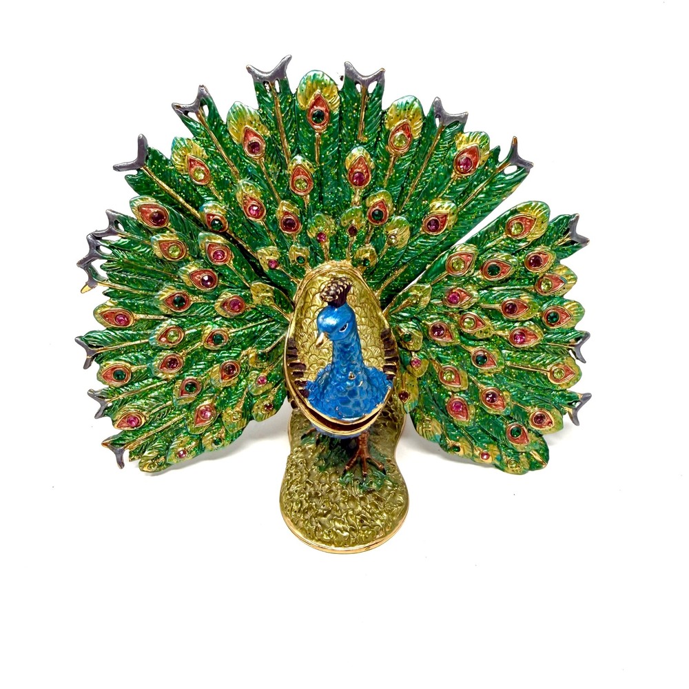 Peacock Trinket Box Enameled Rhinestone Bejeweled Jewelry Holder Green Gold VTG